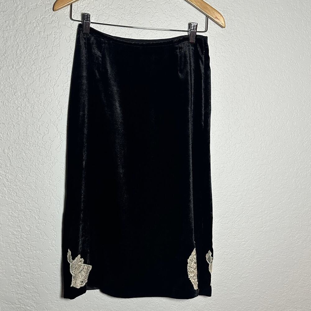 Keita Maruyama Black Velvet Skirt Cream Lace Embroidered Appliqués Midi Goth